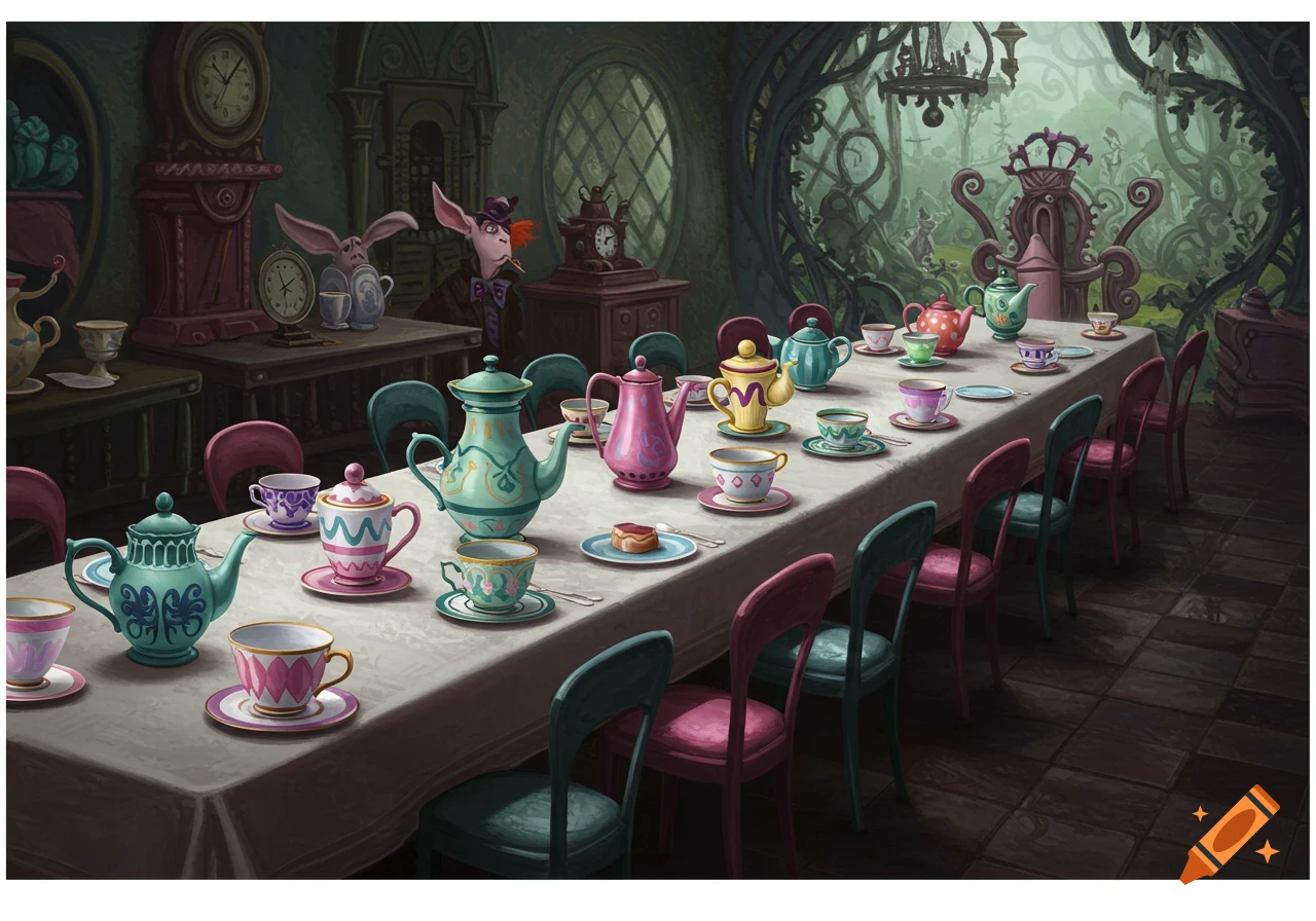 Colorful illustration of the Mad Hatter's tea party scene.