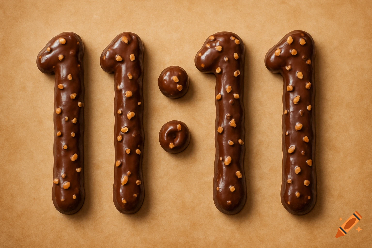 Chocolate covered pretzel sticks and balls arranged as 11:11 on brown paper