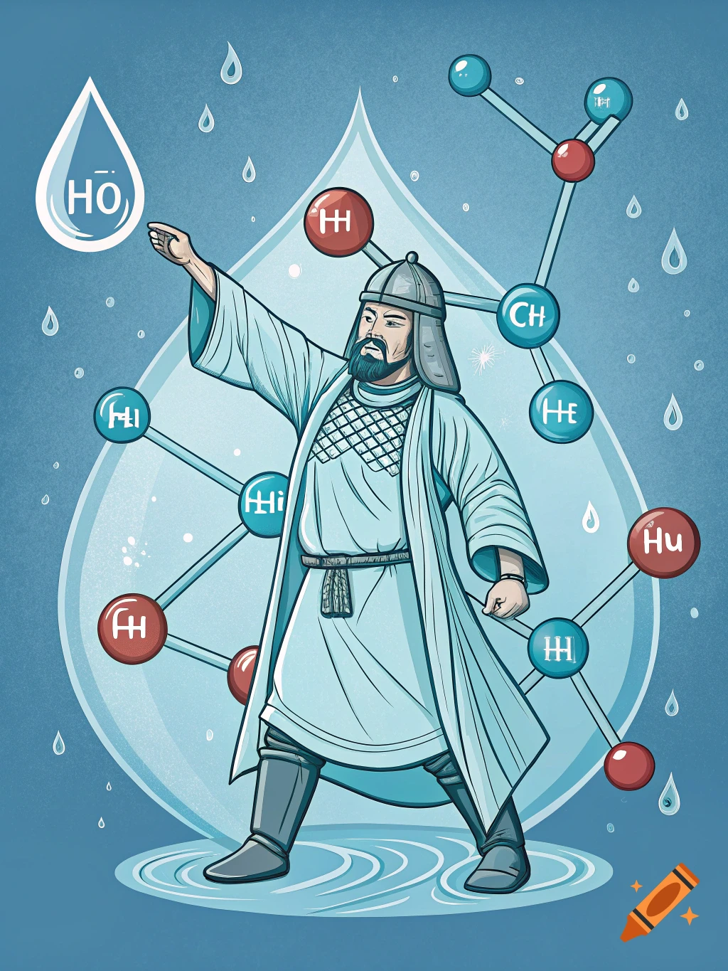 Illustration of Genghis Khan in a robe standing inside a water drop surrounded by a molecule structure.