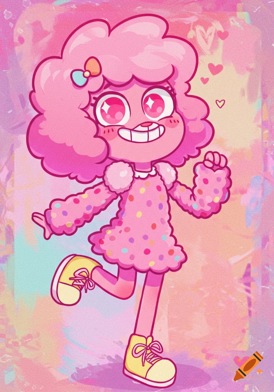 A pink cartoon character in a spotted dress smiles and poses against a pink background.