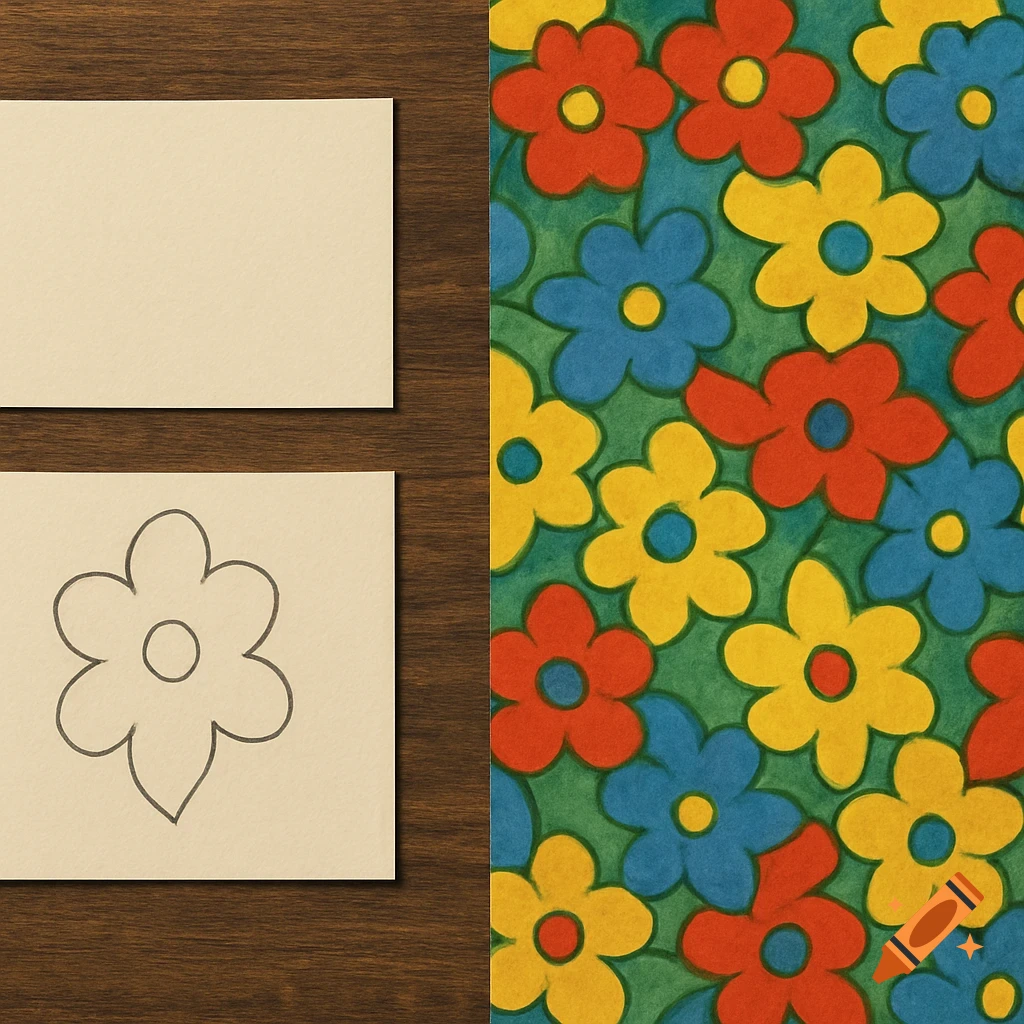 Two pieces of paper on a table; one has a pencil outline of a flower, the other a colorful tessellation pattern of stylized flowers.