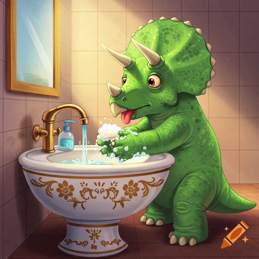 Green cartoon triceratops washes its hands at a bathroom sink, illustration