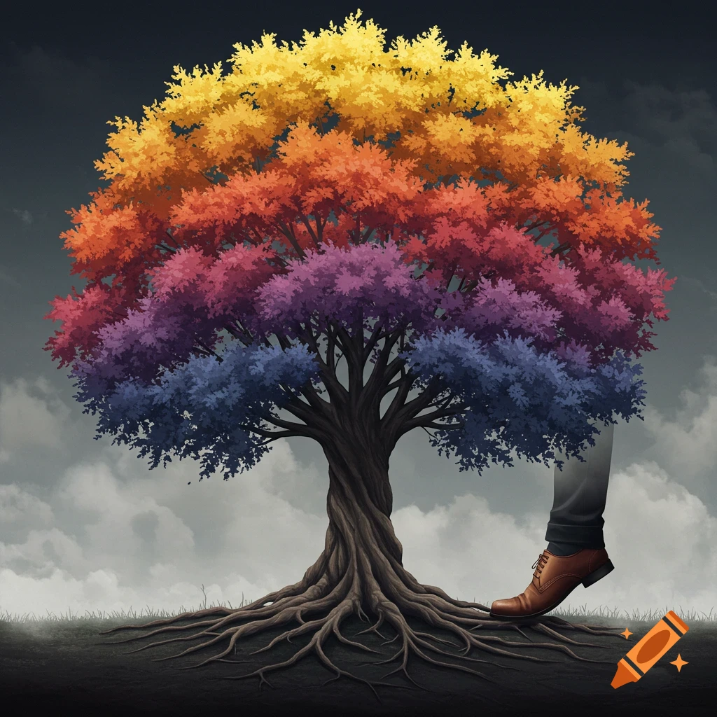 A stylized tree with leaves colored like a rainbow with a foot stepping on its exposed roots.