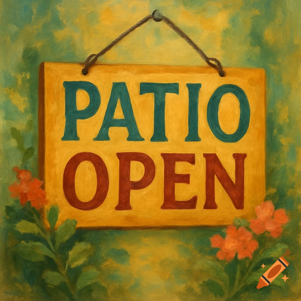 A painterly style sign reads 'PATIO OPEN' with surrounding foliage.