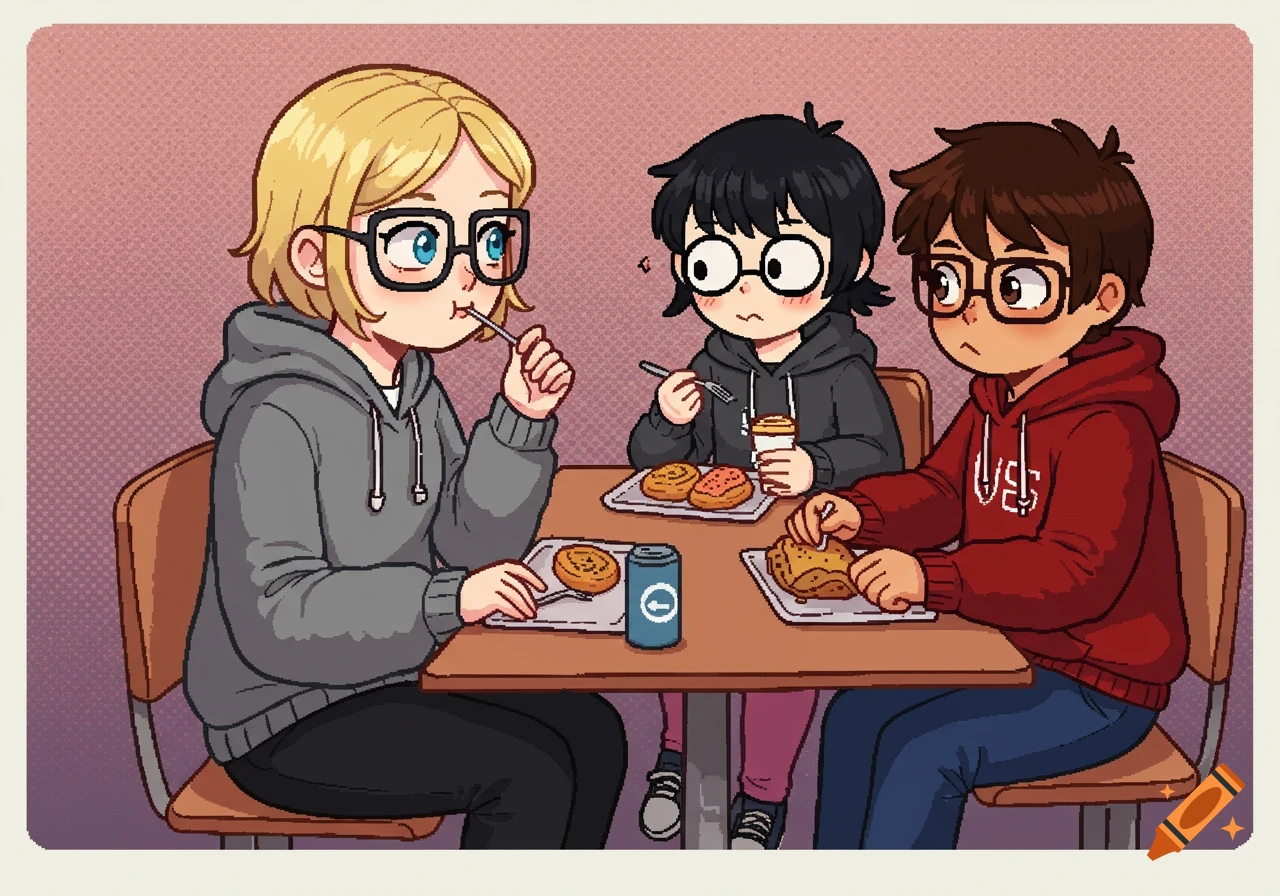 Three cartoon friends eat lunch at a table.