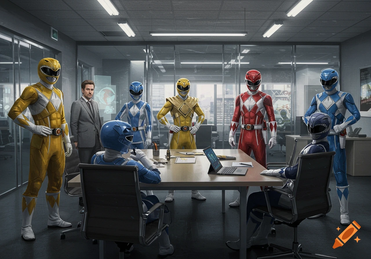 Power Ranger team and a man in a suit in an office meeting room