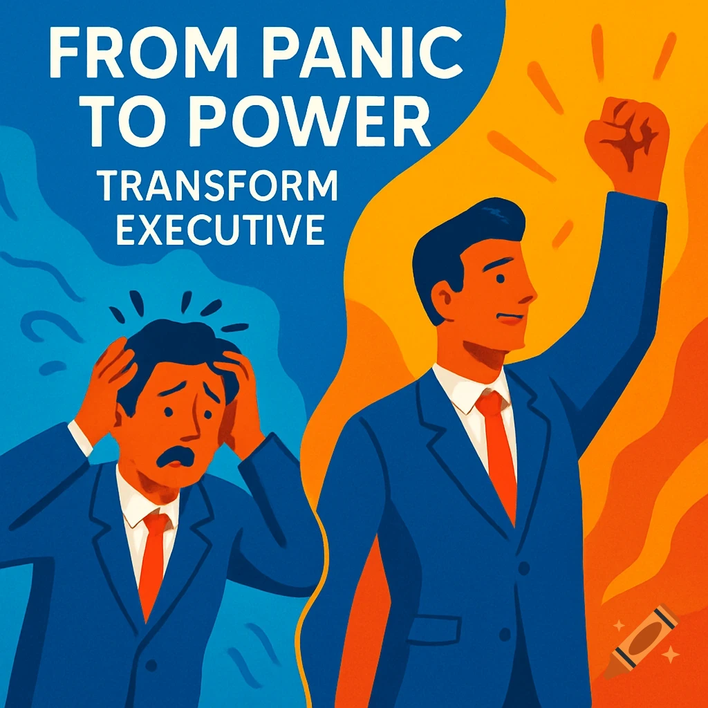 Stylized illustration of a stressed man transforming into a triumphant one, with text 'FROM PANIC TO POWER TRANSFORM EXECUTIVE'.