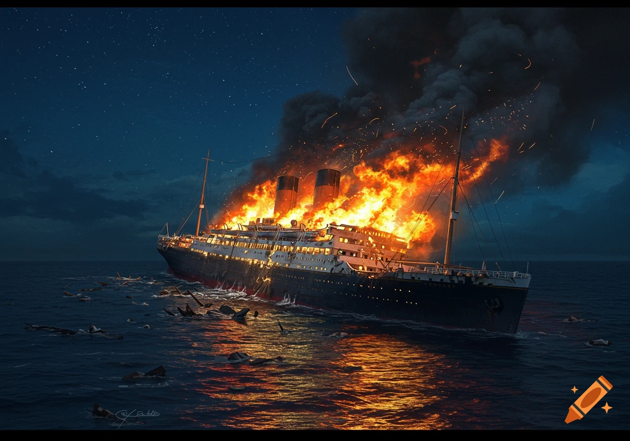 A large cruise ship burns and sinks in the ocean at night. Debris and figures are in the water.