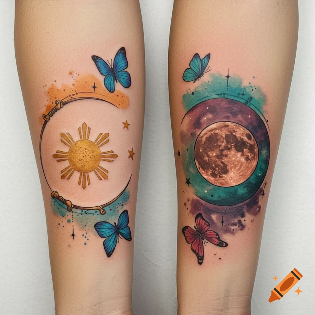 Two forearm tattoos in watercolor style showing a sun in a crescent on one arm and a moon in a crescent on the other, with butterflies and stars.