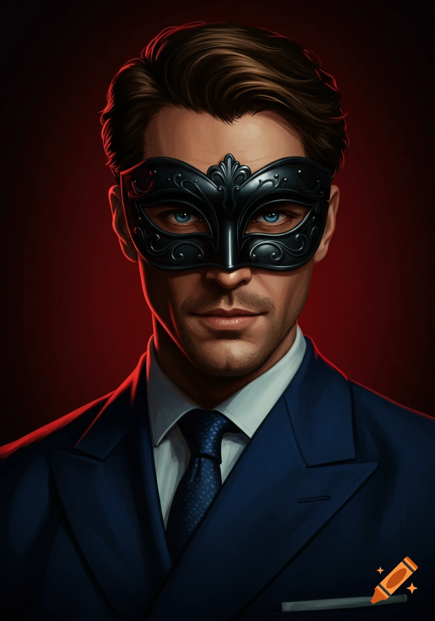 Digital painting of a man in a blue suit and black masquerade mask