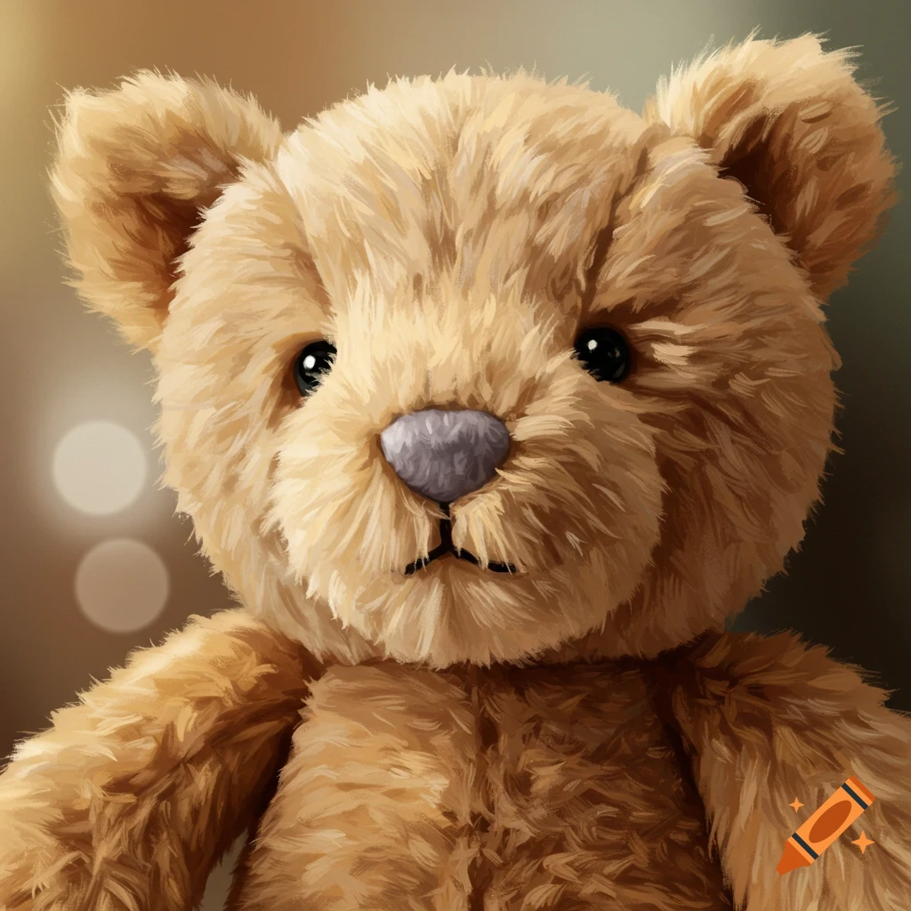 Close-up illustration of a fluffy brown teddy bear with a bokeh background.