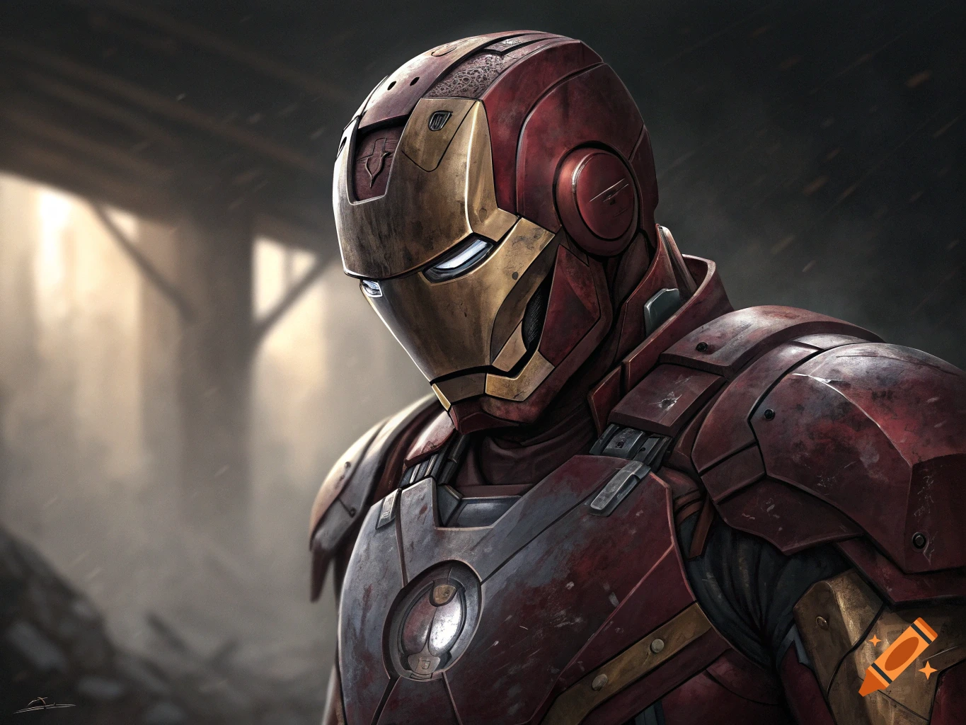 Close-up of a weathered, gritty Iron Man helmet and suit in a damaged industrial setting.