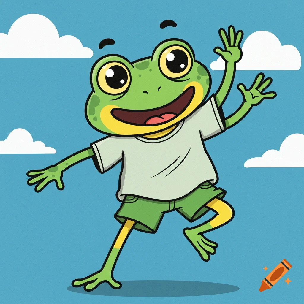 A cartoon frog character wearing a t-shirt and shorts is jumping.