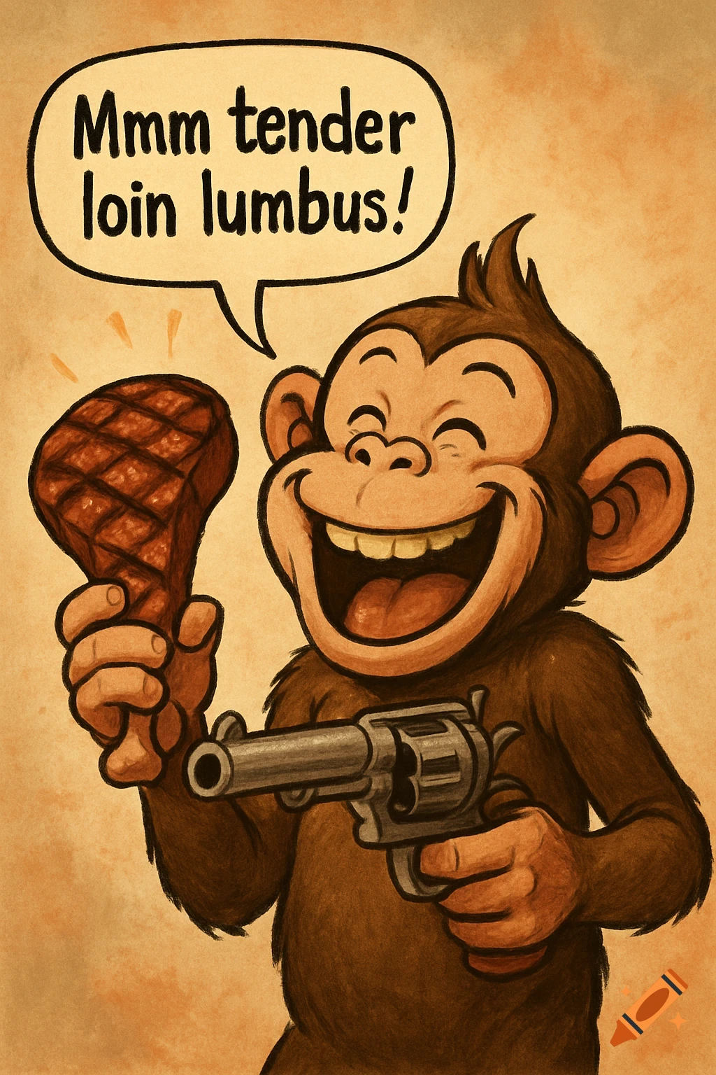 Cartoon monkey holding a steak and a gun with a speech bubble.