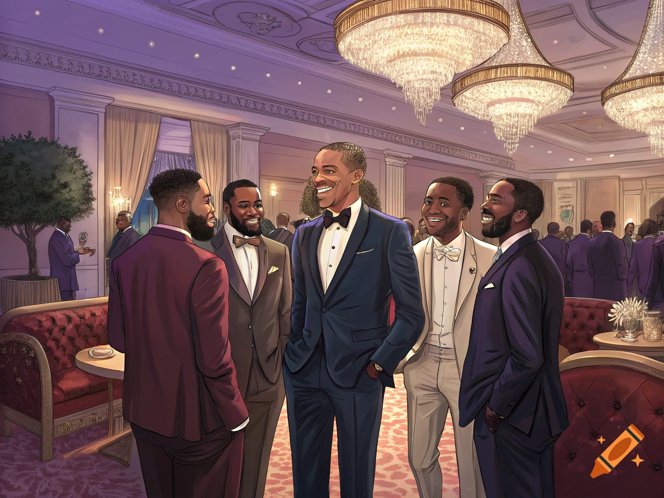 Men in suits attend a formal event in a grand hall with chandeliers.