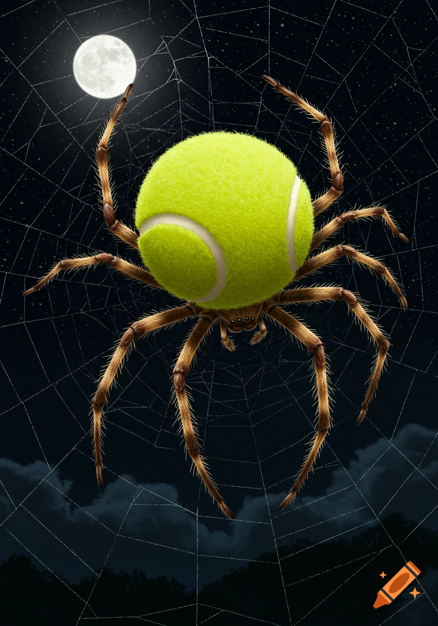 A surreal image of a spider with a tennis ball for a body on a web at night under a full moon.