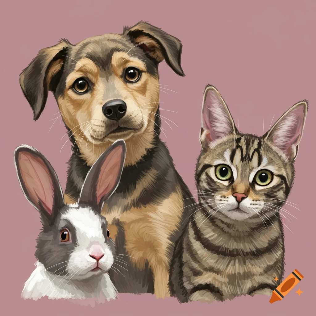 Illustration of a dog, a cat, and a rabbit together on a pink background