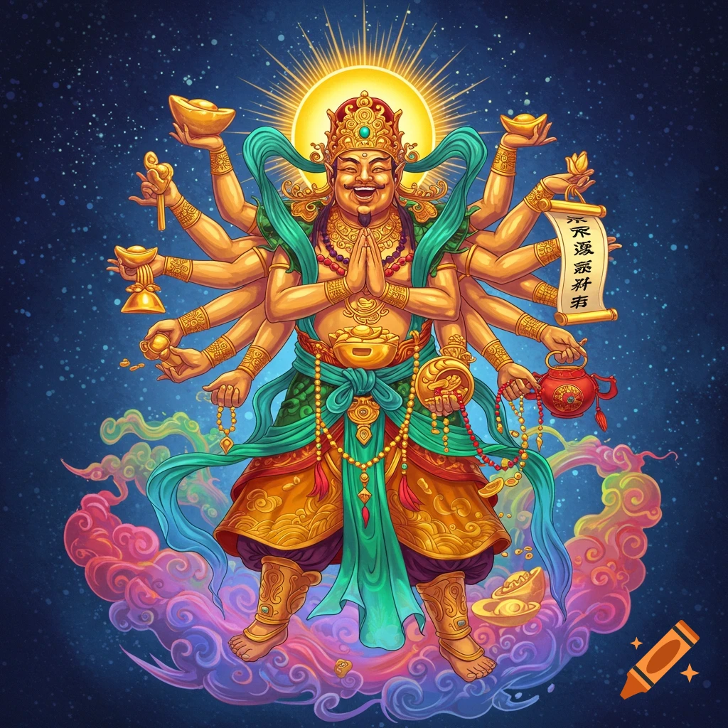 Multi-armed figure of a deity holding gold ingots and other items, against a starry sky, in an illustrative style.