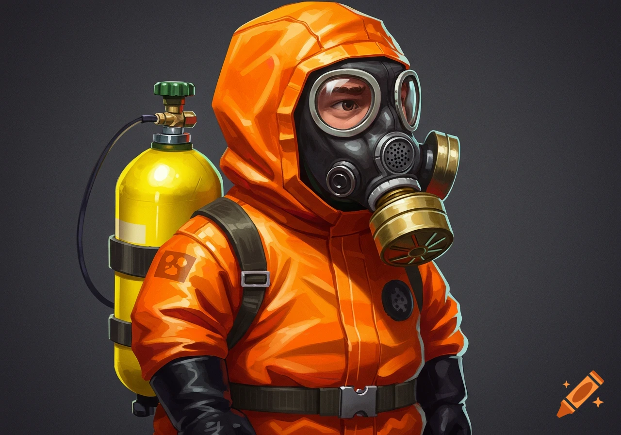 A person wearing an orange hazmat suit and gas mask with a yellow oxygen tank on their back.