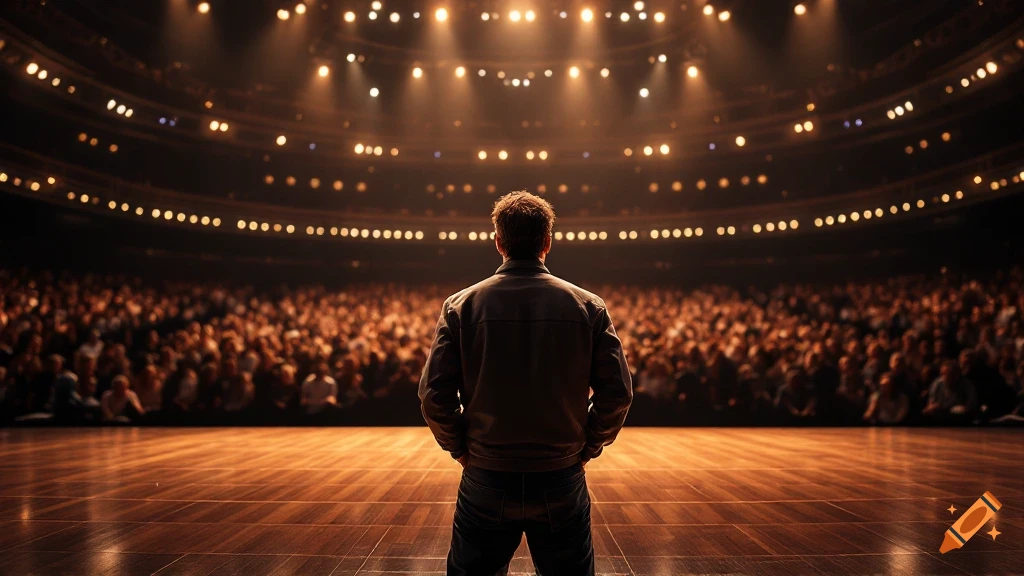 Man stands on a stage facing a large audience under bright stage lights.