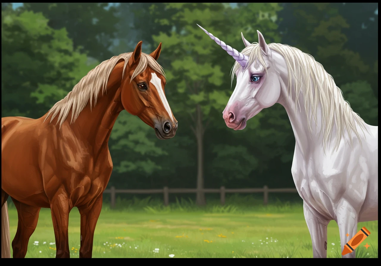 A brown horse and a white unicorn face each other