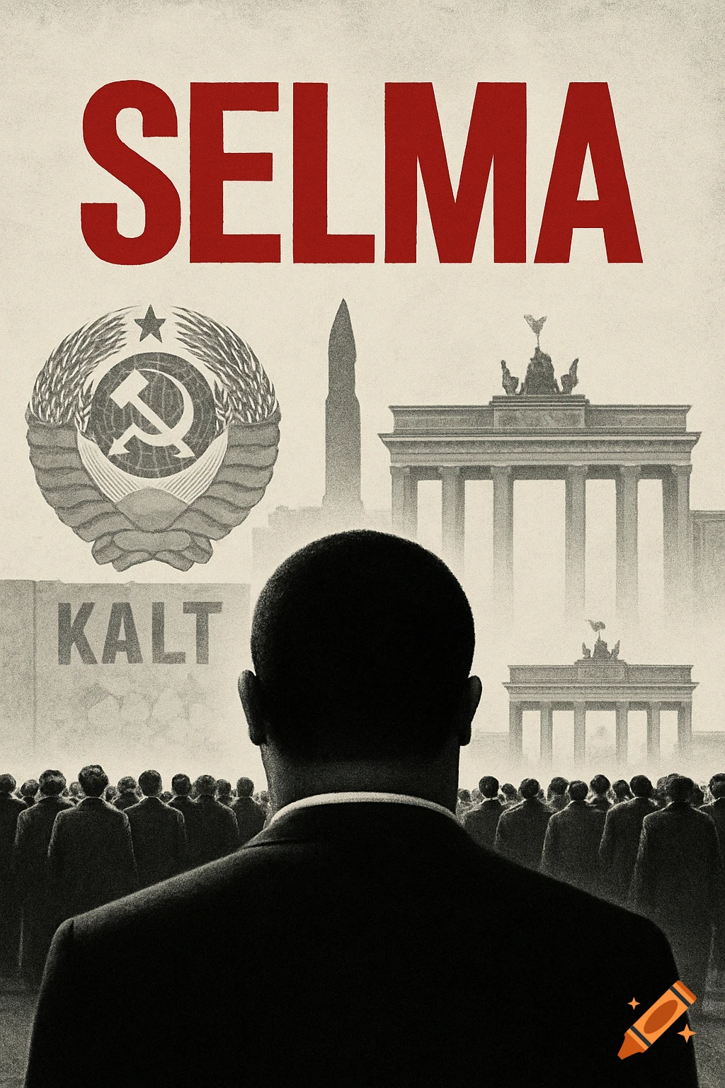 Film poster for SELMA in a vintage style, depicting a man facing a crowd near the Brandenburg Gate, a wall with 'KALT', a Soviet emblem, and a missile.