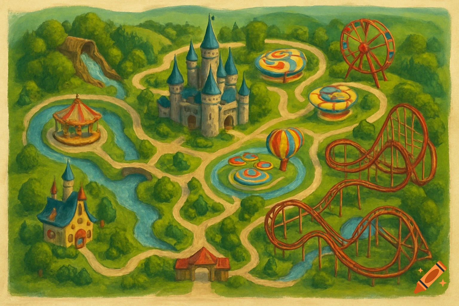A colorful painted map of a fantasy theme park with rides and a castle.