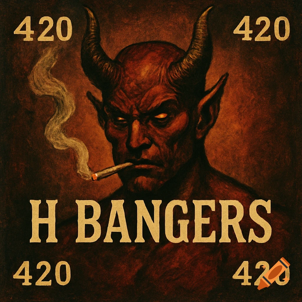 Dark fantasy painting of a red-skinned demon with horns smoking a cigarette, with the text 'H BANGERS' and '420' around it.