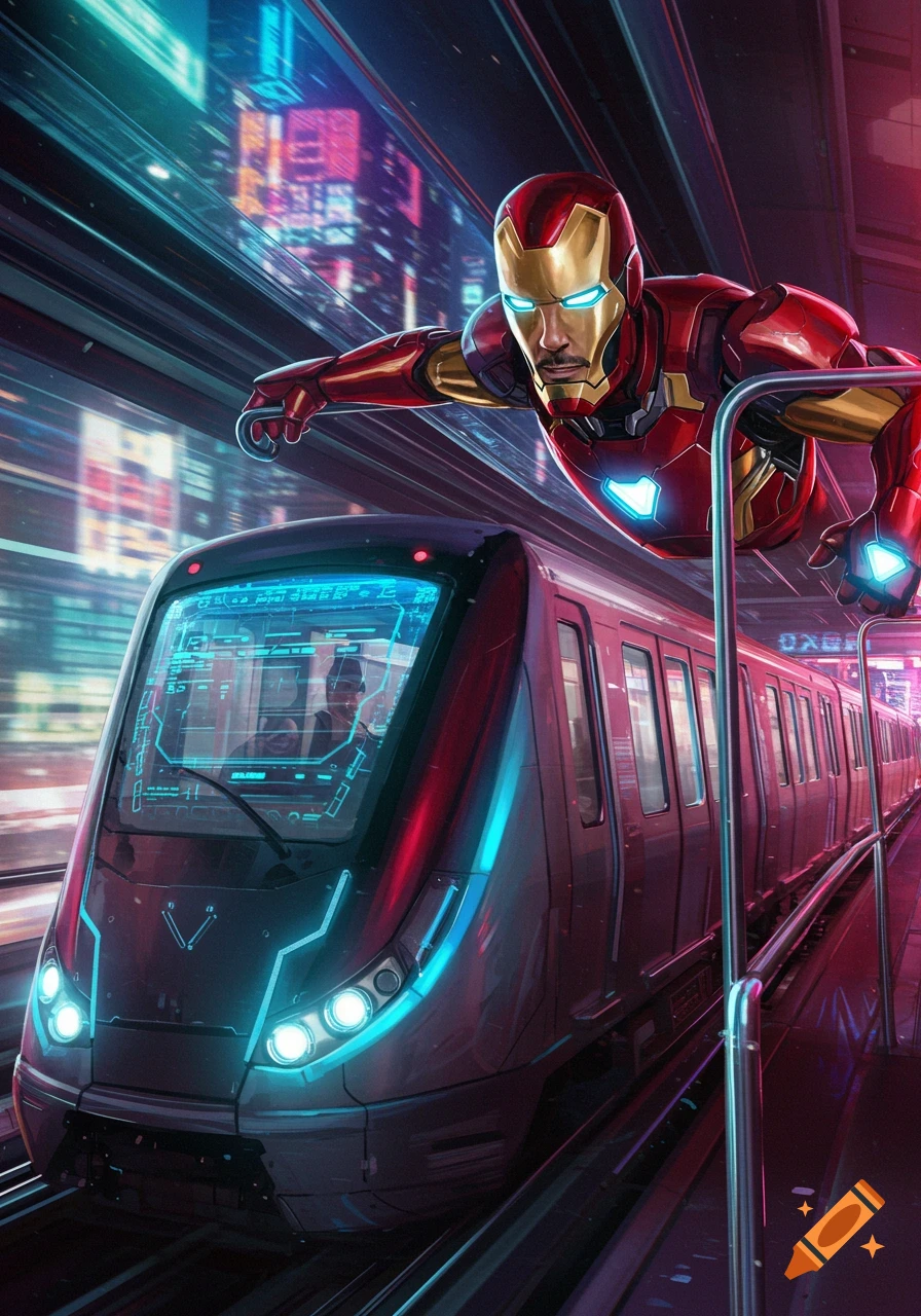 Iron Man flies next to a futuristic train speeding through a neon cyberpunk city.