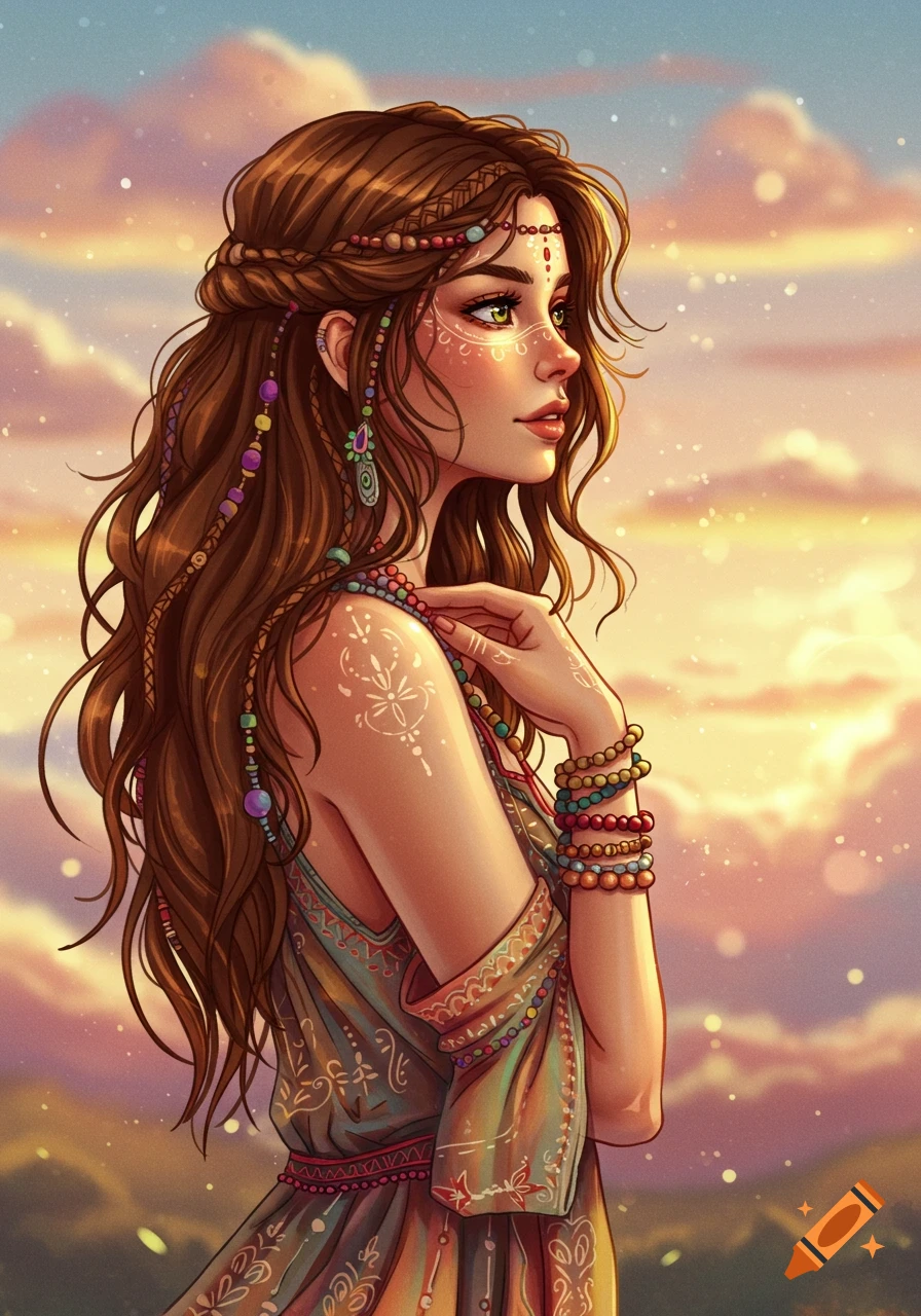 A portrait of a bohemian woman with long wavy brown hair and beads, wearing a patterned dress, against a cloudy sunset background.