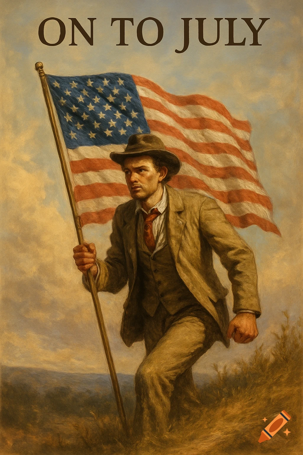 Digital painting of a man in a suit holding an American flag with the text 'ON TO JULY' above him.