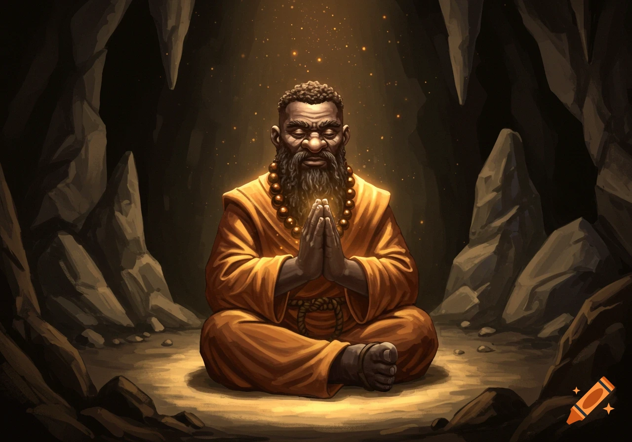 A black-skinned monk in orange robes meditates in a cave, hands clasped, light emanating from them.