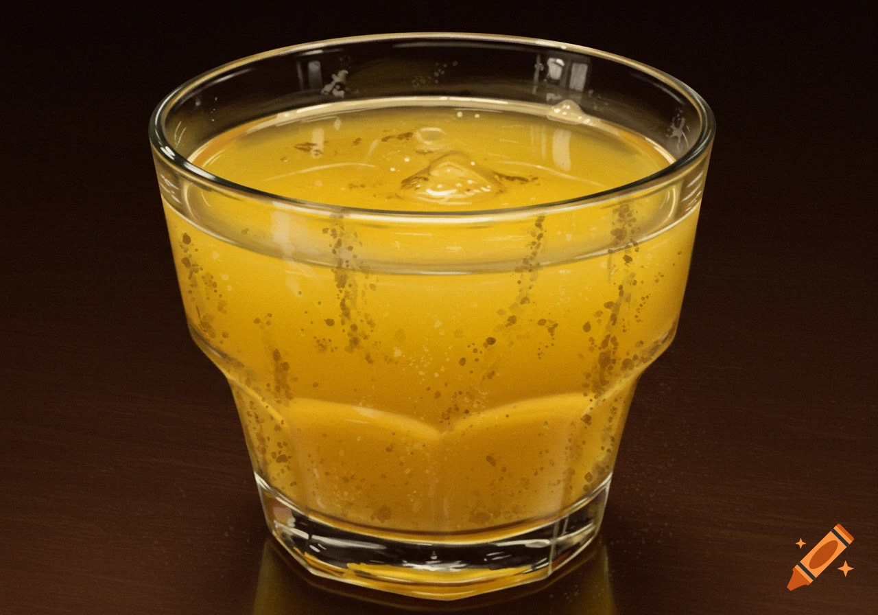 Close-up of a glass of yellow liquid with dark specks, on a dark surface.