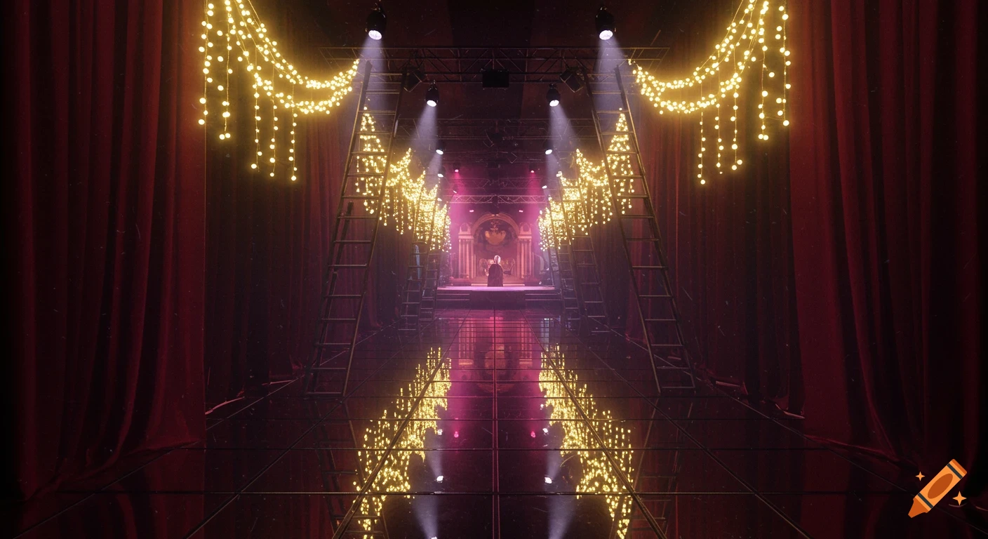 A long mirrored walkway lined with lights and ladders leads to a stage with red curtains.