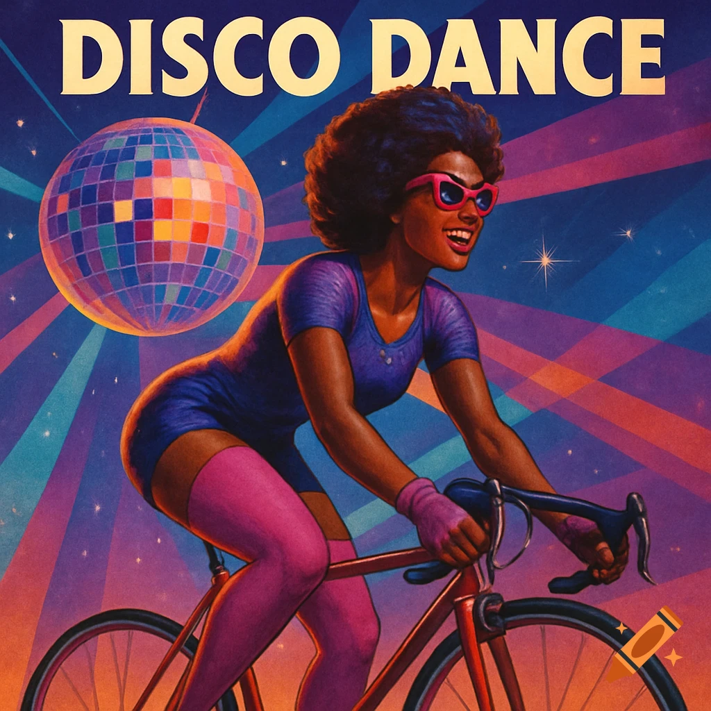 A woman rides a bicycle under a disco ball with "DISCO DANCE" text, in a retro illustration style.