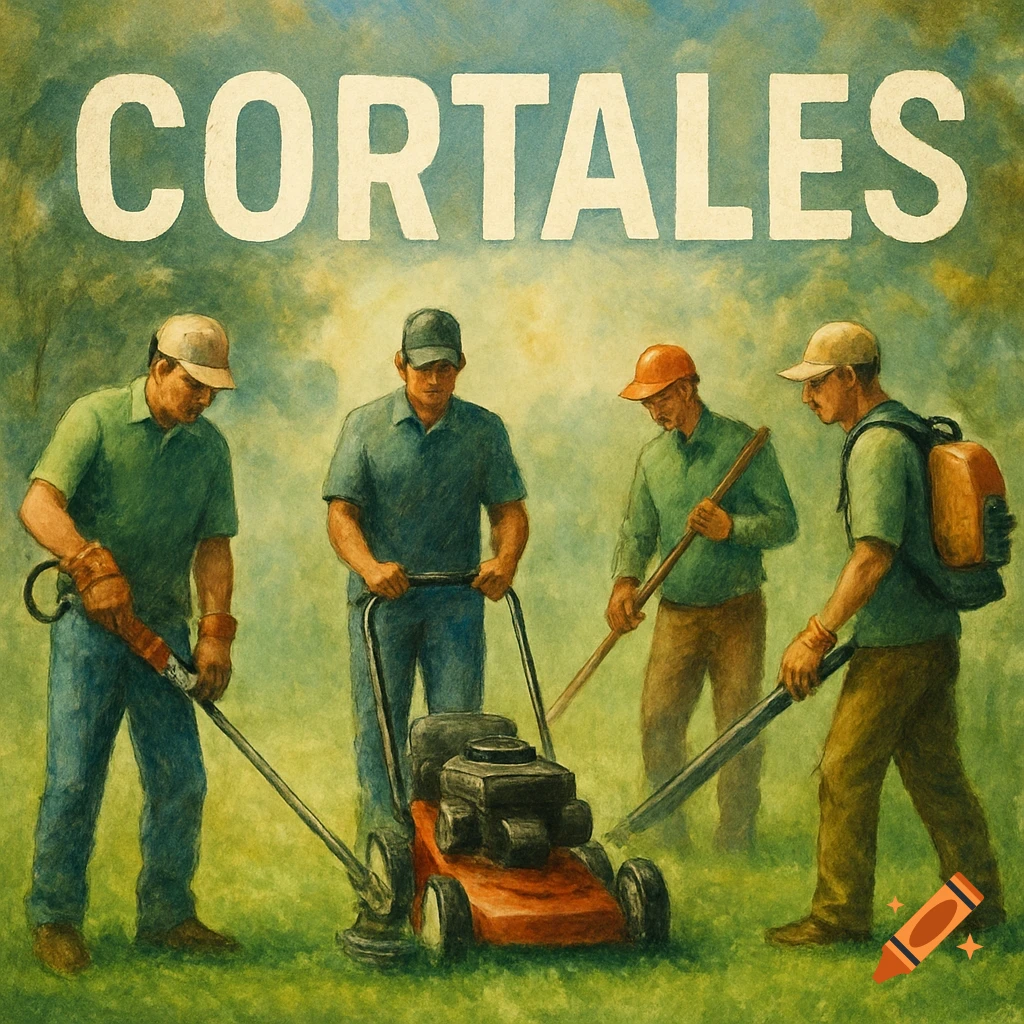 Illustration of lawn care workers with tools under the text CORTALES