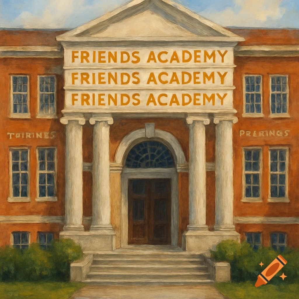 Painterly facade of a brick building with white columns, stairs, and text reading "FRIENDS ACADEMY" above the entrance.