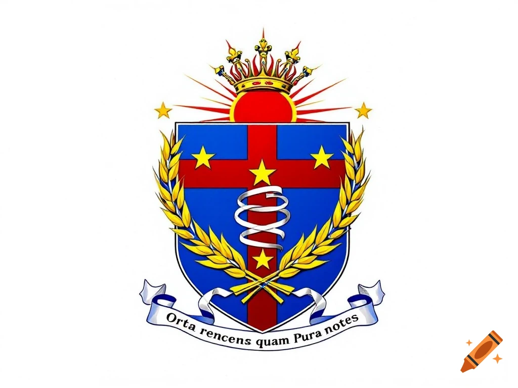 A coat of arms features a blue shield with a red cross, yellow stars, silver serpent, and laurel wreaths. Above is a crown and sunburst. A banner below displays text.