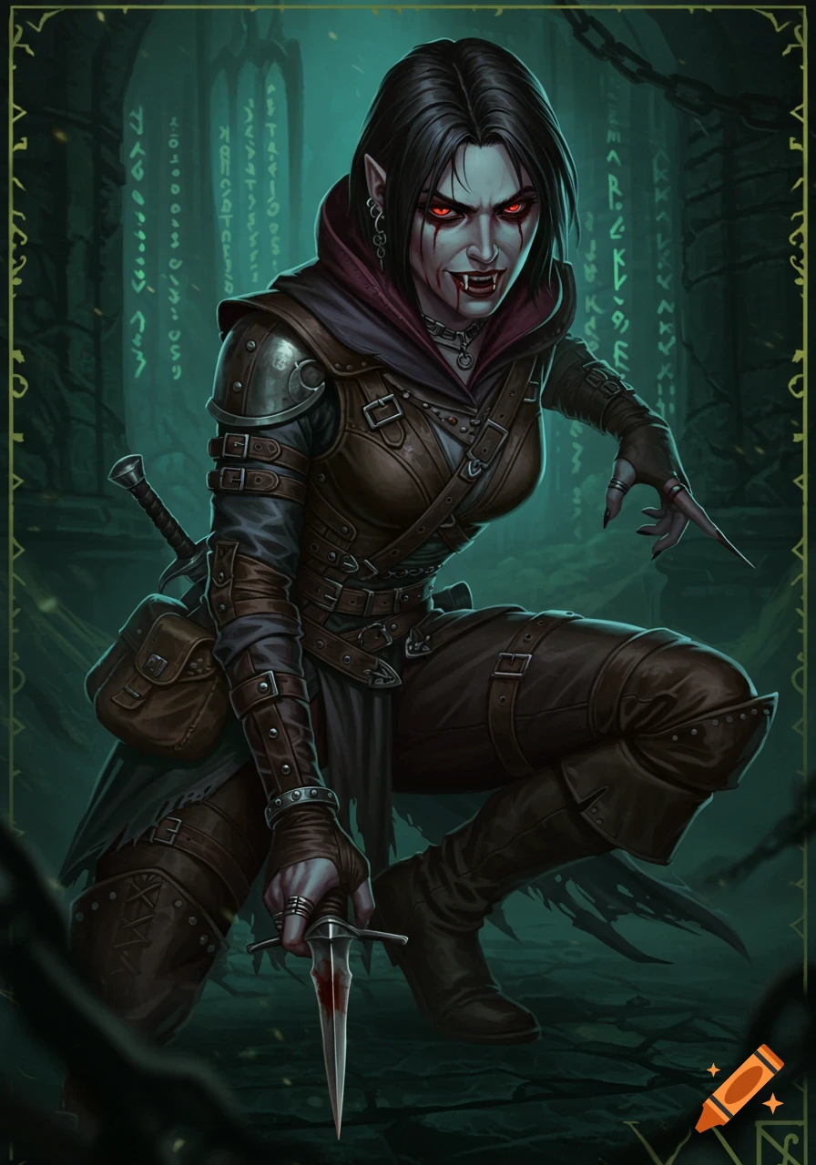 Fantasy illustration of a female vampire rogue with red eyes and fangs, wearing leather armor and holding a bloody dagger in a dungeon.