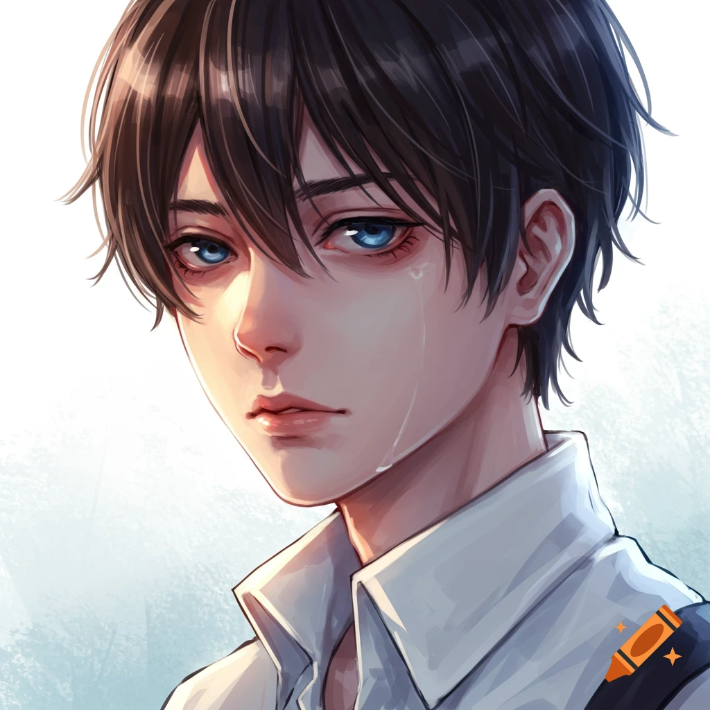 Anime style portrait of a young man with blue eyes, dark hair, and a tear on his cheek, wearing a white shirt.