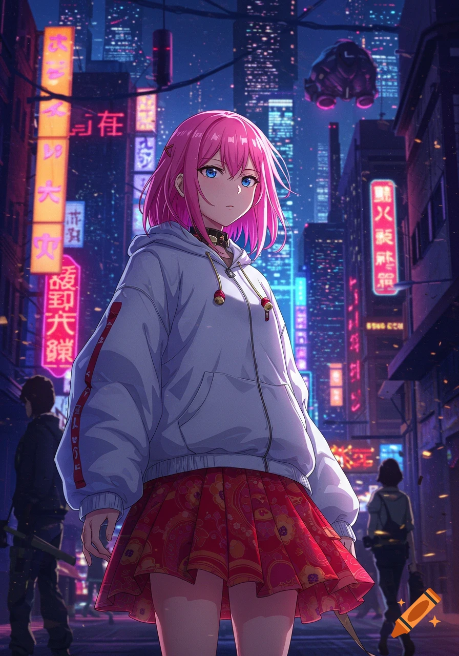 Anime girl with pink hair standing in a cyberpunk city street at night ...