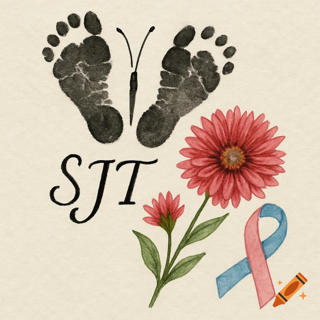 Watercolor print of baby footprints arranged like a butterfly, initials SJT, red flowers, and a pink and blue ribbon on textured paper.
