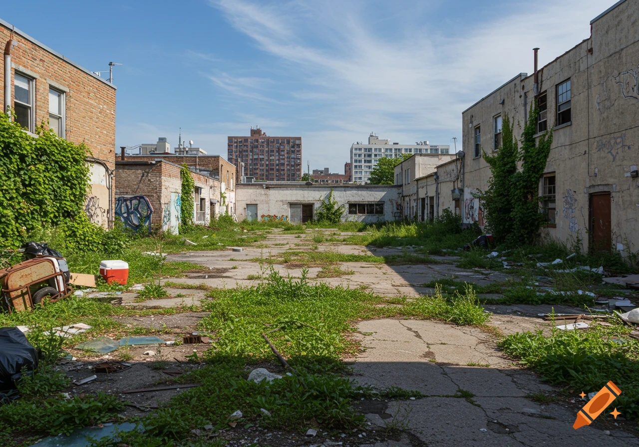 A view of an abandoned city lot overgrown with weeds and trash, surrounded by old brick buildings with graffiti and ivy.