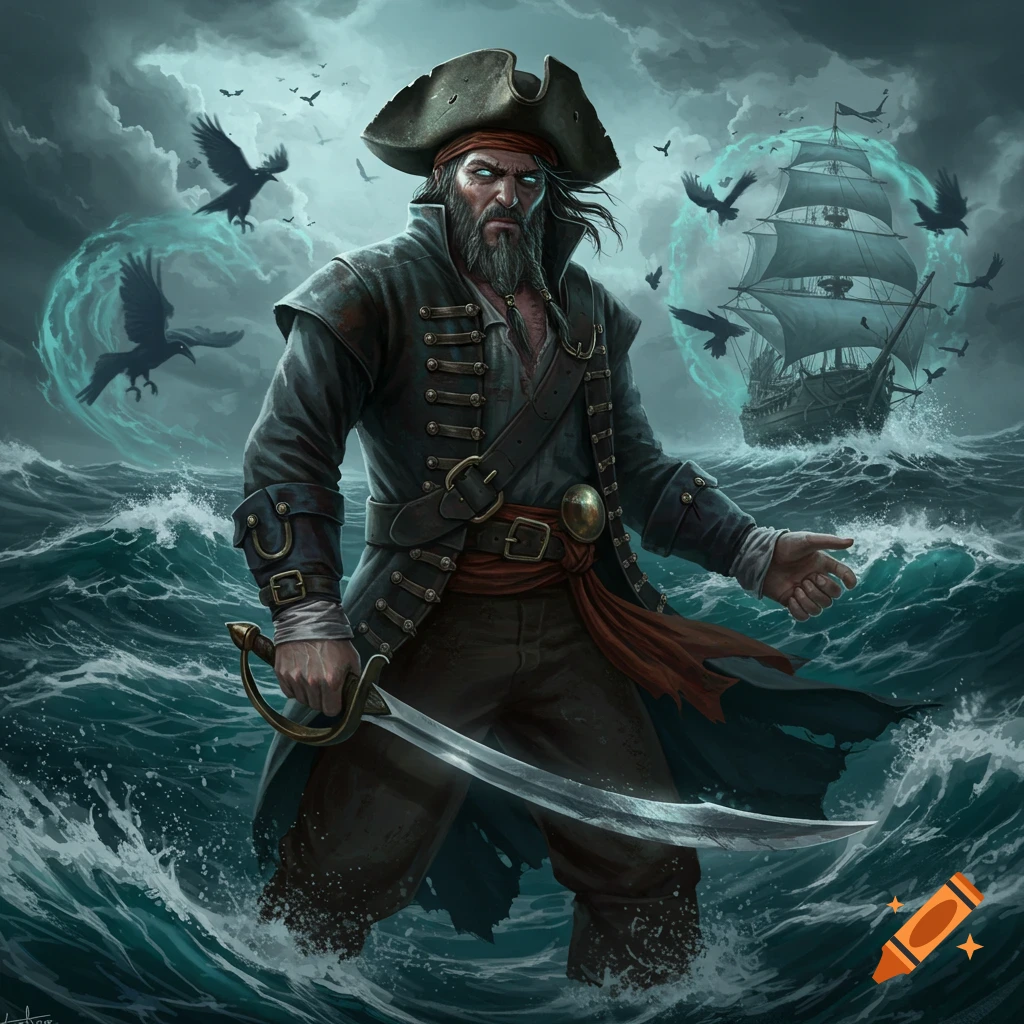 Digital painting of a bearded pirate standing in a stormy sea with a ship and crows, holding a sword.
