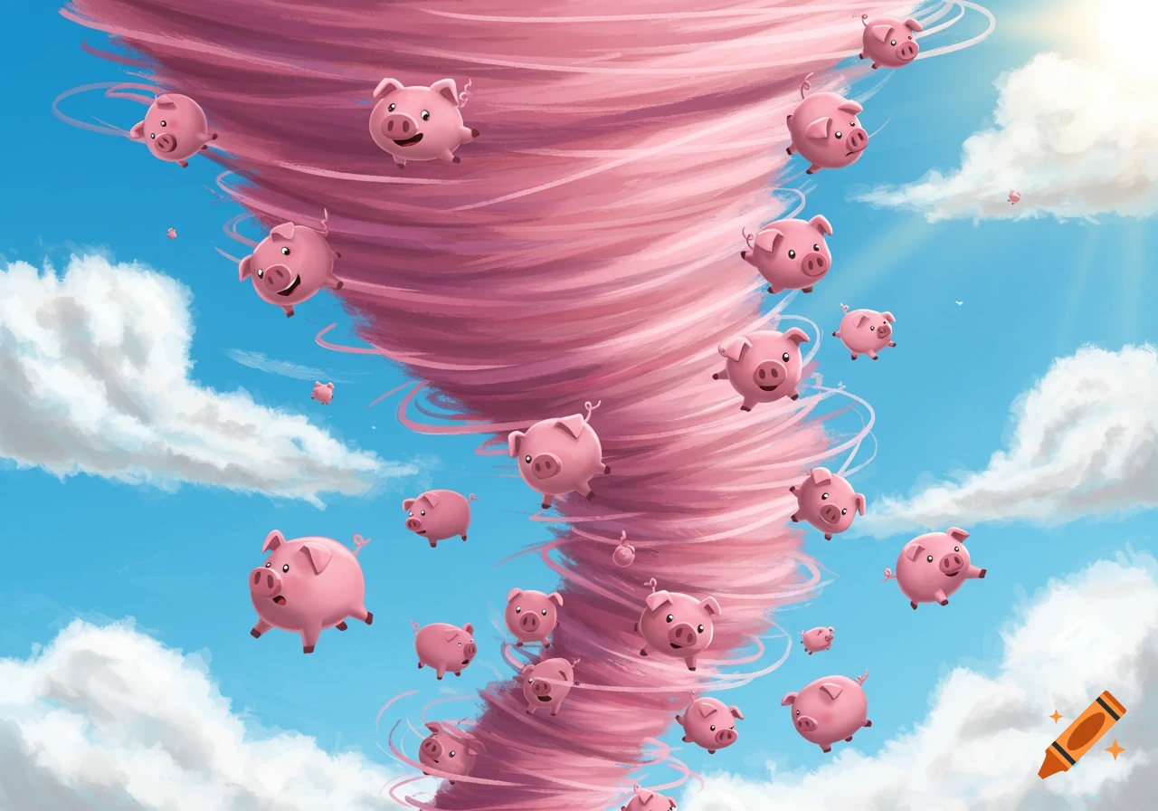 Cartoon pigs fly in a pink tornado against a blue sky.