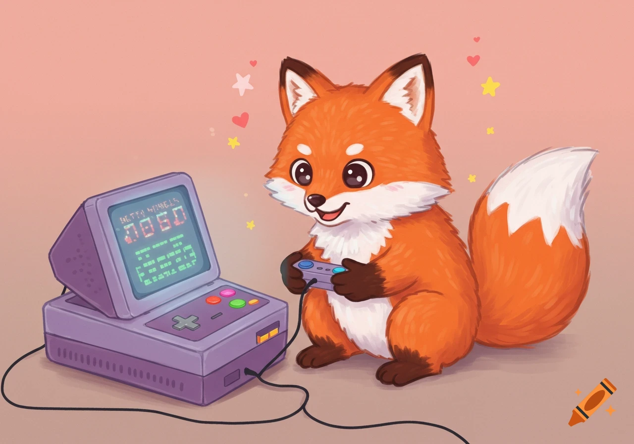 Cute cartoon fox playing a retro video game console.