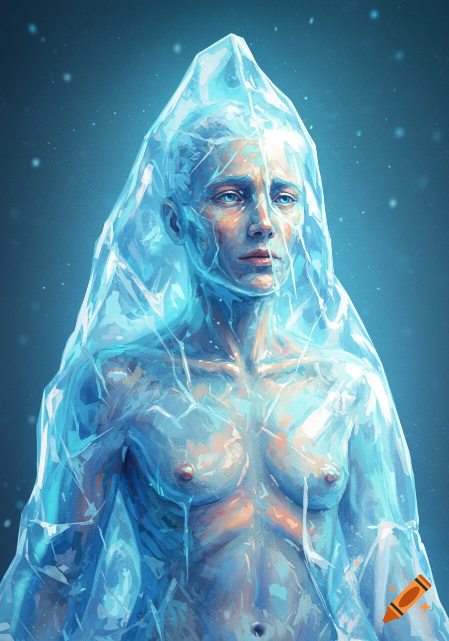 Artistic painting of a person covered in a transparent, fractured ice or plastic shell.