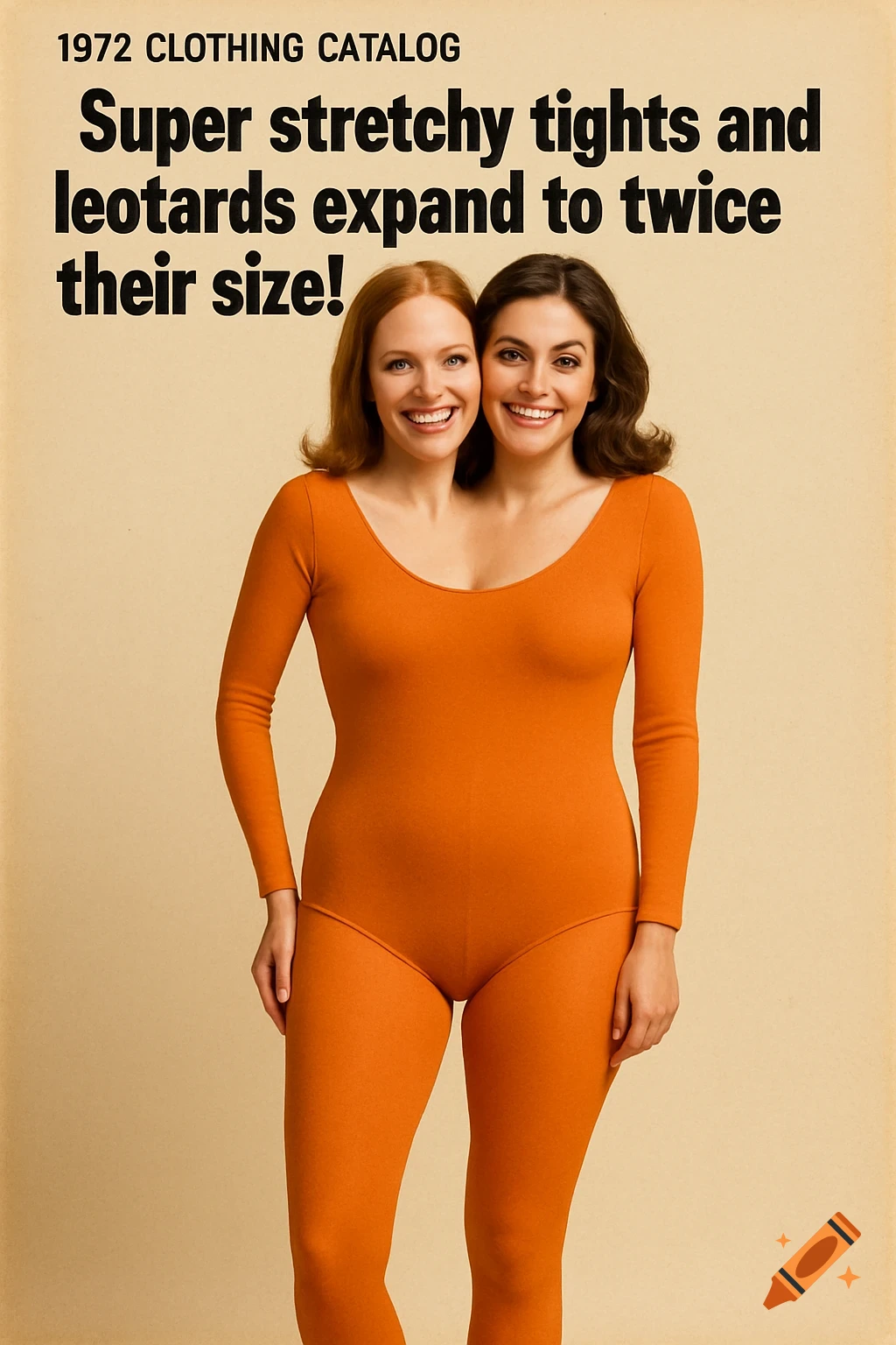 Simulated 1972 clothing catalog page showing two women merged into one body wearing an orange leotard and tights.
