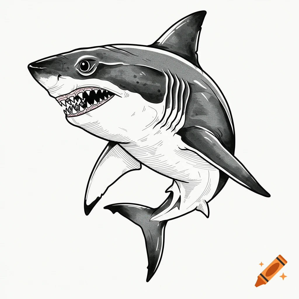 A black and white illustration of a shark.