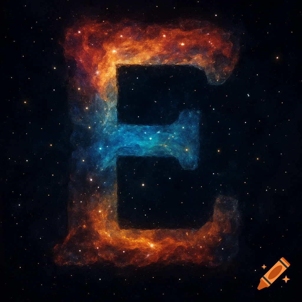 A colorful nebula in space shaped like the letter E, glowing orange and blue against a dark background of stars.
